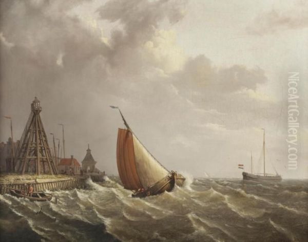 Ships In Stormy Weather Near The Coast Oil Painting by Johannes Hermann Barend Koekkoek