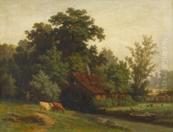 Landliche Idylle Mit Bauer Und Kuhen Oil Painting by Johannes Hermann Barend Koekkoek