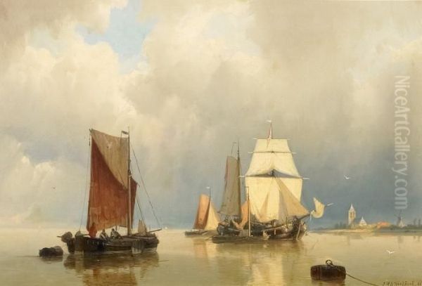 Dutch Fishermen On A Calm Sea Oil Painting by Johannes Hermann Barend Koekkoek