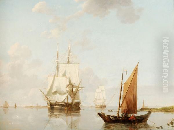 A Calm Estuary Oil Painting by Johannes Hermanus Koekkoek