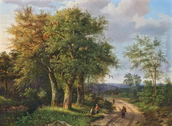 Travellers Resting By A Woodland Path Oil Painting by Marianus Adrianus Koekkoek