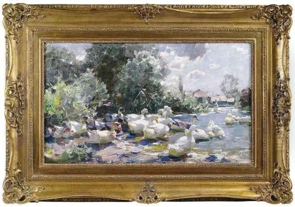 Enten In Landschaft Mit Fischerhutten Oil Painting by Alexander Max Koester