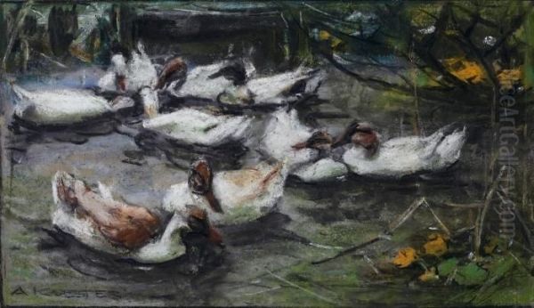 Neun Weisse Enten Im Wasser Oil Painting by Alexander Max Koester