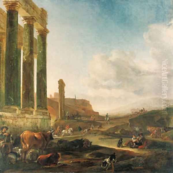 An Italianate landscape with a ruined Doric colonnade Oil Painting by Jan Baptist Weenix