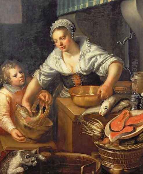 A Kitchen Scene Oil Painting by Jeremias van Winghen or Wingen