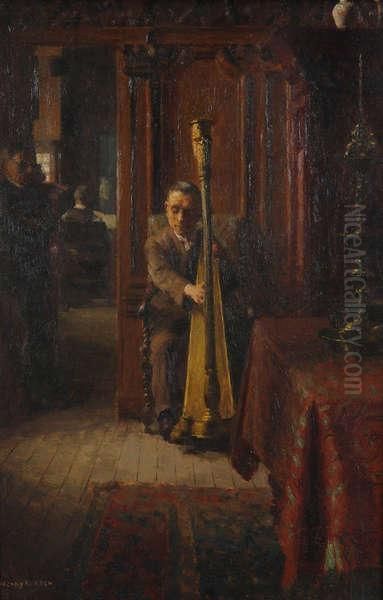 Interieur Met Harpist Oil Painting by Henri Kokken