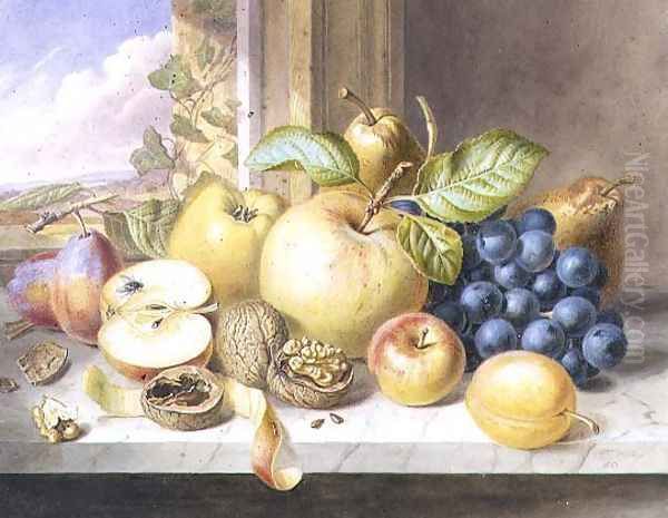 A Still Life of Apples, Grapes, Pears, Plums and Walnuts on a Window Ledge Oil Painting by Augusta Innes Withers