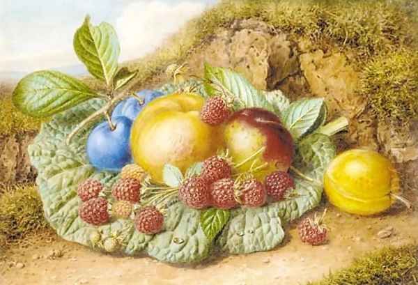 Still life with nectarines, raspberries and plums on a mossy bank Oil Painting by Augusta Innes Withers