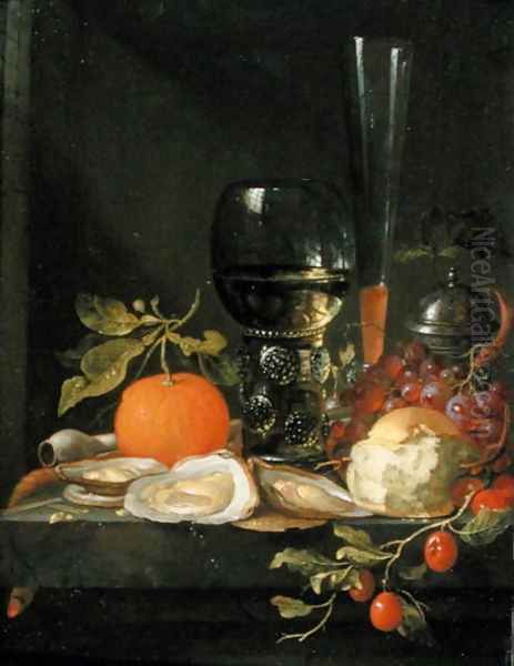 Still Life of Oysters, Grapes, Bread and Glasses on a Ledge Oil Painting by Jacob van Walscapelle