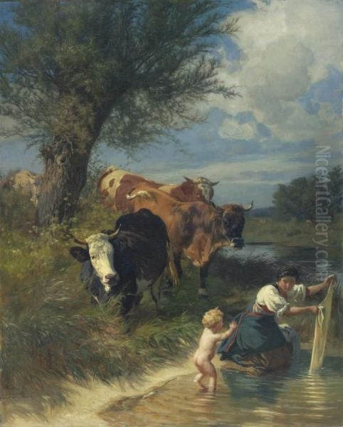 Cows And Washerwoman Near A Brook Oil Painting by Rudolf Koller