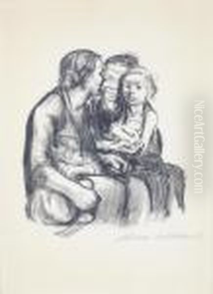 Zwei Schwatzende Frauen Mit Zwei Kindern by Kathe Kollwitz