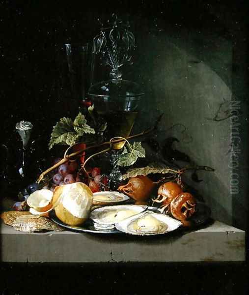 Still life of oysters and a peeled lemon on a ledge Oil Painting by Jacob van Walscapelle