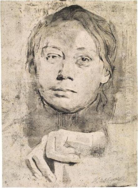 Selbstbildnis Mit Der Linken Hand Oil Painting by Kathe Kollwitz