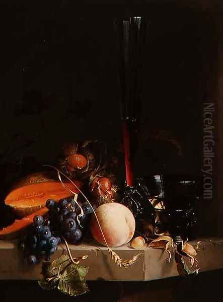 Still life of fruit on a ledge with a roemer and a wine glass Oil Painting by Jacob van Walscapelle