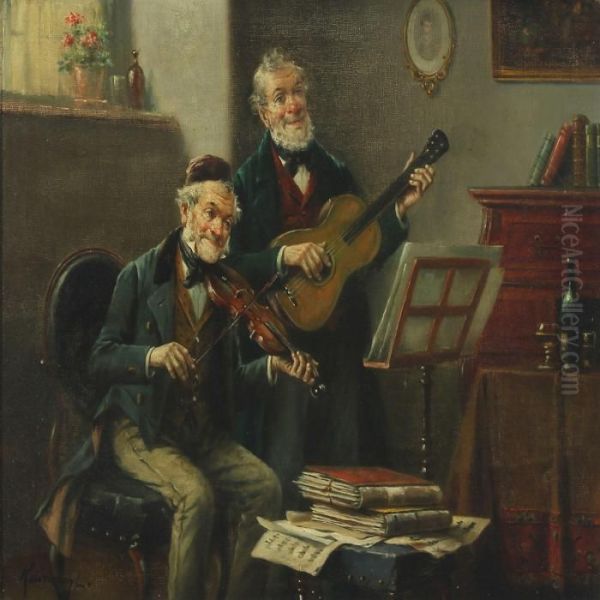 Interior With Music Making Gentlemen Oil Painting by Lajos Kolozsvary