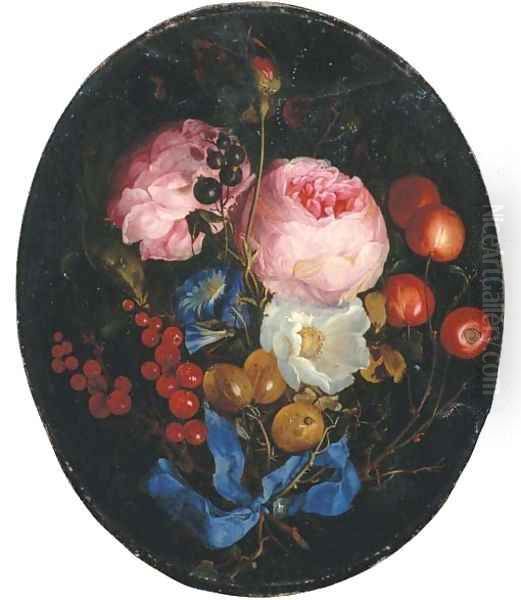 A swag of pink roses Oil Painting by Jacob van Walscapelle