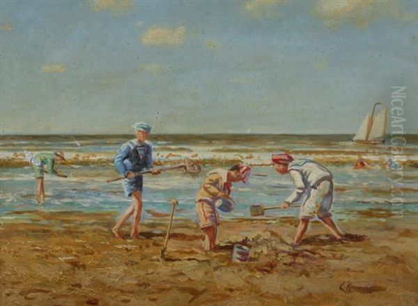 Building Sand Castles At The Beach Oil Painting by Cornelis Koppenol