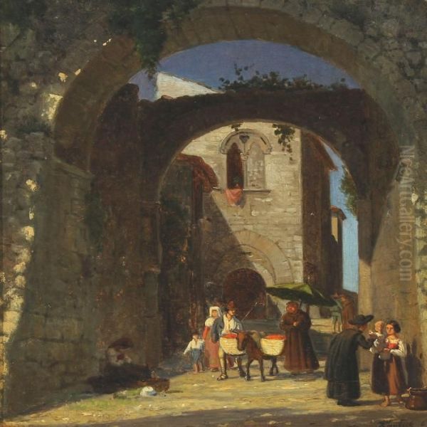 Italian City Scape With Monks And Priest In Conversation Oil Painting by Peter Kornbeck