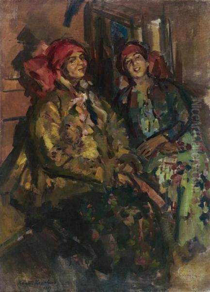 Two Girls In Peasant Costumes Oil Painting by Konstantin Alexeievitch Korovin