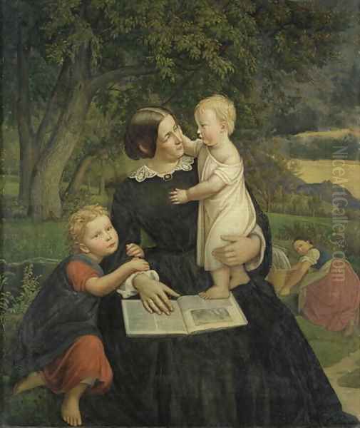 Emilie Marie Wasmann, the artists wife, with Elise and Erich, their oldest children, 1860 Oil Painting by Friedrich Wasmann