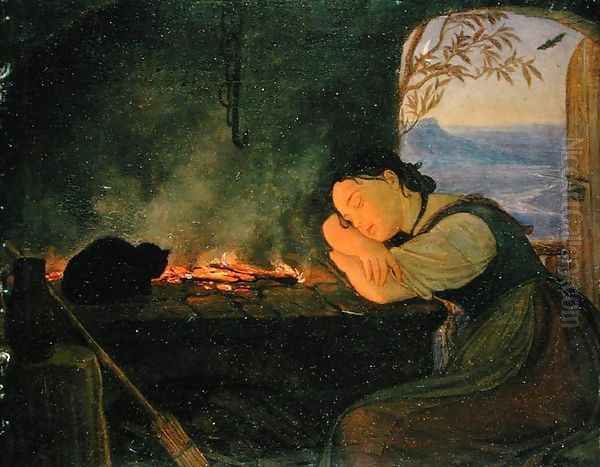 Girl Sleeping by the Fire, 1843 Oil Painting by Friedrich Wasmann