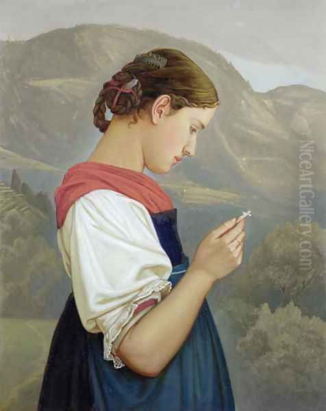 Tyrolean Girl Contemplating a Crucifix, 1865 Oil Painting by Friedrich Wasmann