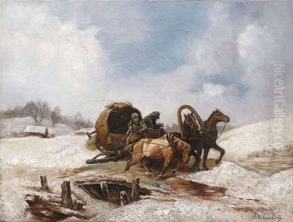 Troika In Winterlicher Landschaft Oil Painting by Pavel Osipovich Kovalevskii