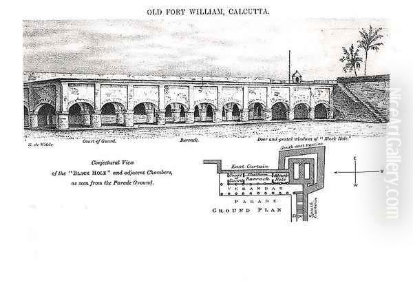 Old Fort William, Calcutta, with a Conjectural View of the 'Black Hole' and Adjacent Chambers as seen from the Parade Ground Oil Painting by Samuel de Wilde