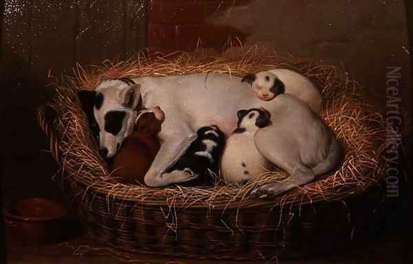 Bitch with her Puppies in a Wicker Basket Oil Painting by Samuel de Wilde