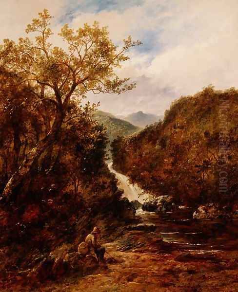 Angler by a Wooded Waterfall Oil Painting by James Charles Ward