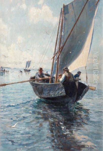 Fishermen In A Boat Oil Painting by Johan Krouthen