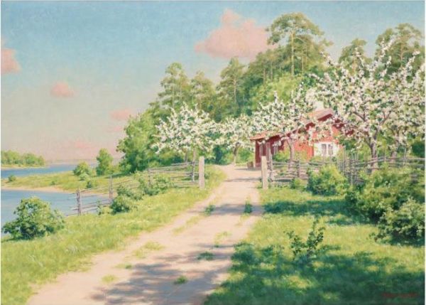 Summer Landscape With House Oil Painting by Johan Krouthen