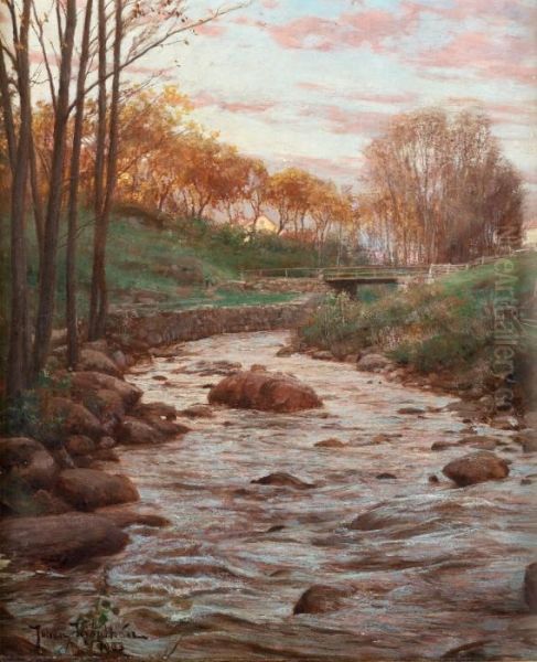 Autumn Landscape With Bridge Over Stream Oil Painting by Johan Krouthen