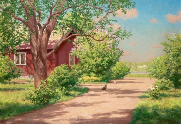 Summer Landscape With Hens Oil Painting by Johan Krouthen