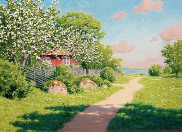 Landscape With Fruit Trees Oil Painting by Johan Krouthen