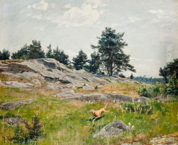 Summer Landscape With Hunter Oil Painting by Johan Krouthen