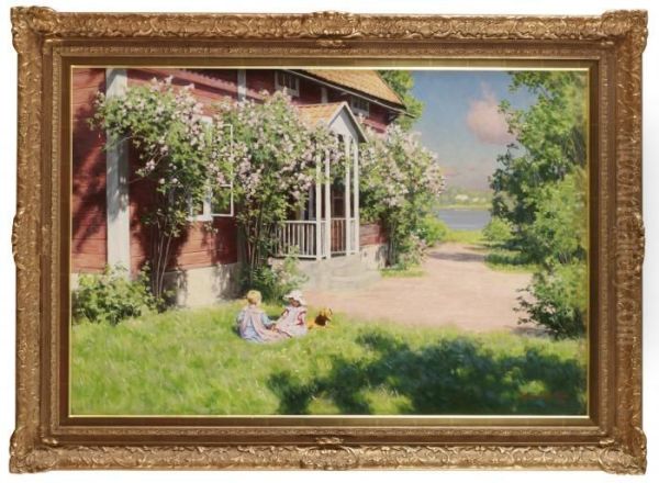 Barn Pa Solig Tradgardstappa Oil Painting by Johan Krouthen