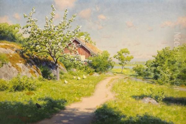 Vid Landsvagen - Gardsidyll I Sommargronska Oil Painting by Johan Krouthen