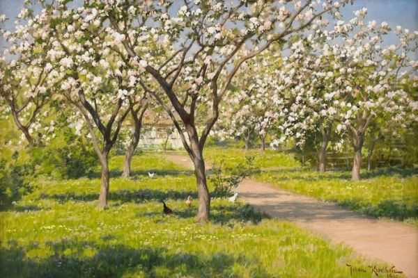 Gardsidyll Med Blommande Appletrad Och Hons Oil Painting by Johan Krouthen