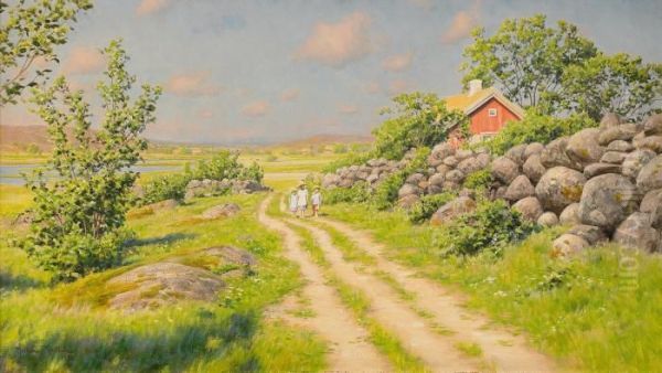 Sommarlandskap Med Vandrande Barn Oil Painting by Johan Krouthen