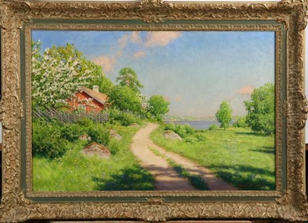 Rod Stuga, Blommande Appeltrad, Signerad Johan Krouthen Oil Painting by Johan Krouthen