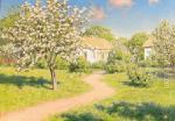 Gardsidyll Med Blommande Appeltrad Oil Painting by Johan Krouthen