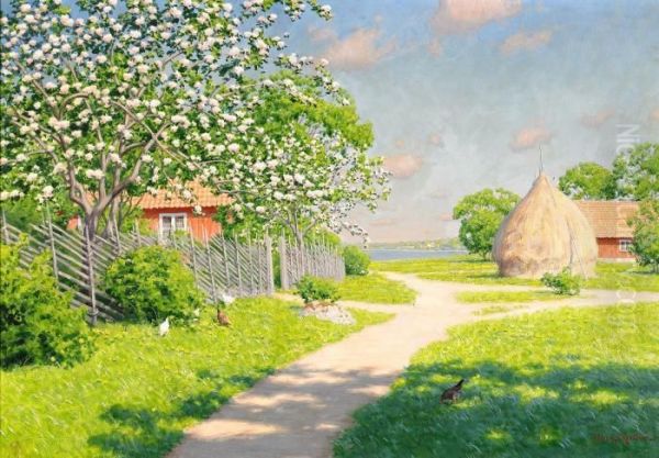 Sommarlandskap Med Gardsidyll Oil Painting by Johan Krouthen