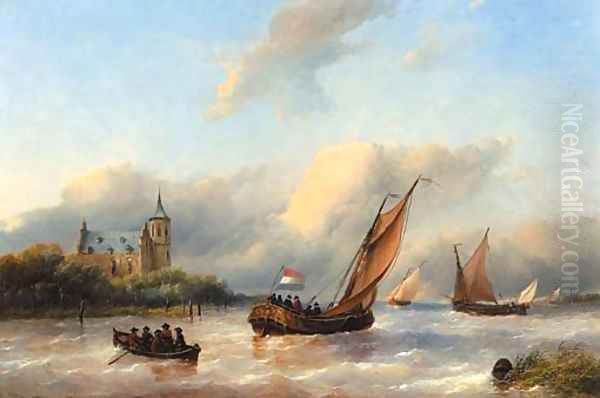 A royal barge on a choppy river with slot Loevestein in the background Oil Painting by Antonie Waldorp