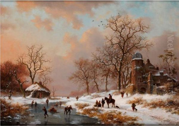 Winterlandschaft Mit Altem Villengebaude Und Eislaufern An Gefrorenem Bachlauf Oil Painting by Frederik Marianus Kruseman