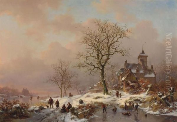 Winter Landscape With Figures Playing On The Ice Oil Painting by Frederik Marianus Kruseman