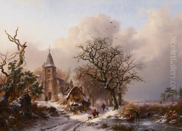 Winter Landscape With Ice Skaters Oil Painting by Frederik Marianus Kruseman