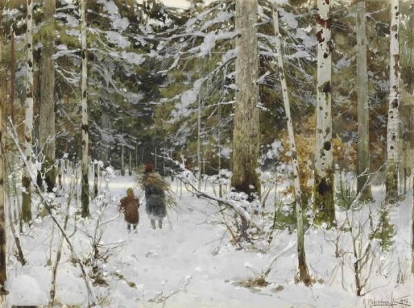 Gathering Branches In Winter Oil Painting by Constantin Kryschitskij