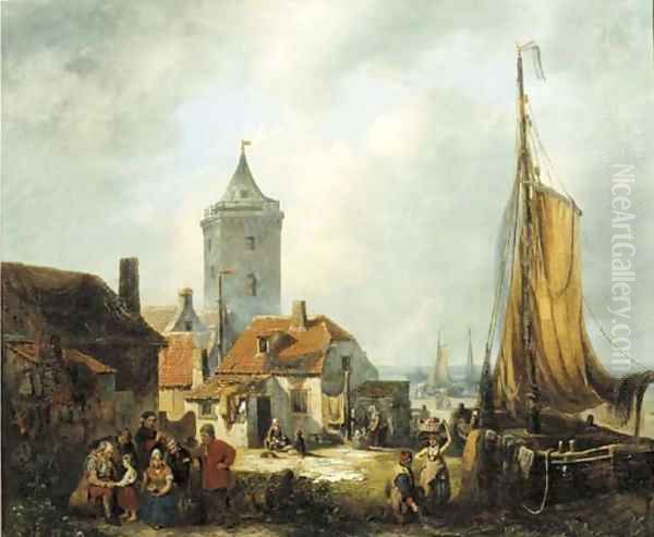 Daily activities in a fisher village Oil Painting by Antonie Waldorp