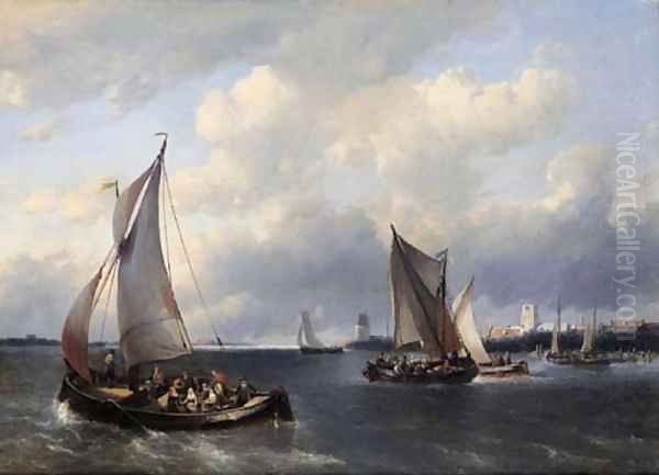 Sailing vessels on choppy water, a town in the distance Oil Painting by Antonie Waldorp